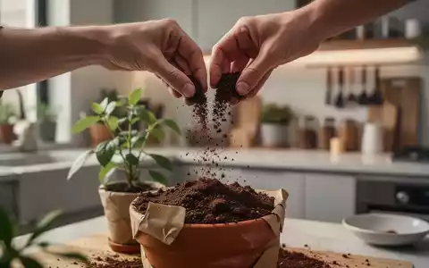 Eine Hand streut Kaffeesatz auf eine Topfpflanze in einer modernen Küche, symbolisierend Haushaltstipps und Ressourceneffizienz. - Foto: über boerse-global.de