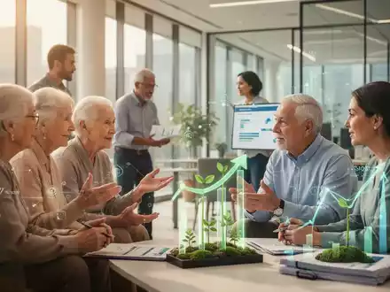 Eine Gruppe von Menschen unterschiedlichen Alters, die sich in einem modernen Raum angeregt unterhalten, symbolisiert Altersvorsorge und Rentenreform. - Foto: über boerse-global.de