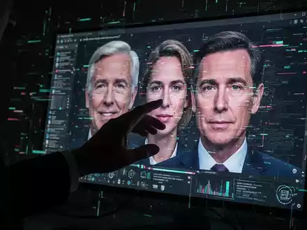 Eine Hand manipuliert ein Deepfake-Video auf einem Bildschirm, das verzerrte Gesichter von Politikern zeigt, um KI-Betrug darzustellen. - Foto: über boerse-global.de