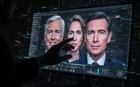 Eine Hand manipuliert ein Deepfake-Video auf einem Bildschirm, das verzerrte Gesichter von Politikern zeigt, um KI-Betrug darzustellen. - Foto: über boerse-global.de