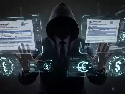 A shadowy figure manipulates digital screens displaying immigration forms and financial symbols, representing online fraud and impersonation. - Foto: über boerse-global.de