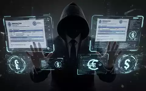 A shadowy figure manipulates digital screens displaying immigration forms and financial symbols, representing online fraud and impersonation. - Foto: über boerse-global.de