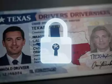 Digital padlock over a Texas driver's license, symbolizing a data breach and exposed personal information. - Foto: über boerse-global.de