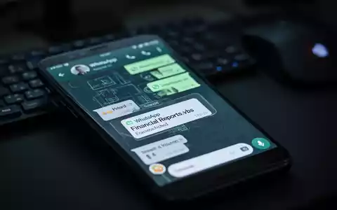 Nahaufnahme eines Smartphone-Bildschirms mit einem WhatsApp-Chat und einer verdächtigen Datei namens 'Financial Reports.vbs'. - Foto: über boerse-global.de