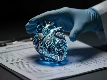 Ein detailliertes Herzmodell aus elektronischen Schaltkreisen auf einem medizinischen Diagramm, mit einer schützenden Hand darüber. - Foto: über boerse-global.de