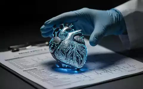 Ein detailliertes Herzmodell aus elektronischen Schaltkreisen auf einem medizinischen Diagramm, mit einer schützenden Hand darüber. - Foto: über boerse-global.de
