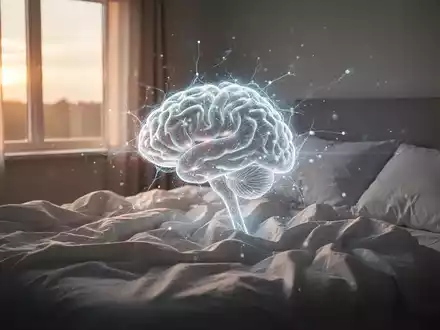 Ein friedliches Schlafzimmer bei Sonnenaufgang, ein Bett mit zerwühlter weißer Bettwäsche und ein subtiles, leuchtendes Gehirn-Overlay. - Foto: über boerse-global.de