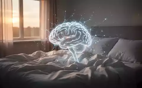 Ein friedliches Schlafzimmer bei Sonnenaufgang, ein Bett mit zerwühlter weißer Bettwäsche und ein subtiles, leuchtendes Gehirn-Overlay. - Foto: über boerse-global.de