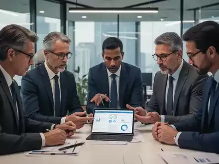 Führungskräfte besprechen in einem modernen Büro die Gefährdungsbeurteilung, mit Fokus auf digitale Dokumente und Prävention. - Foto: über boerse-global.de