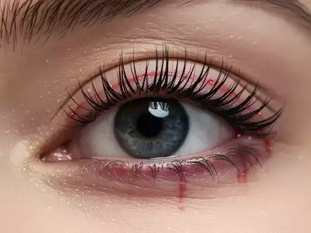 Nahaufnahme eines menschlichen Auges mit künstlichen Wimpern, das leichte Rötungen oder Reizungen am Wimpernkranz zeigt. - Foto: über boerse-global.de