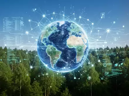 Ein stilisierter, digitaler Globus, umgeben von Datenströmen und vernetzten Knoten, über einem grünen Wald unter blauem Himmel. - Foto: über boerse-global.de