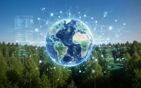 Ein stilisierter, digitaler Globus, umgeben von Datenströmen und vernetzten Knoten, über einem grünen Wald unter blauem Himmel. - Foto: über boerse-global.de