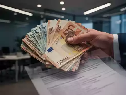 Eine Hand hält einen Stapel Euro-Banknoten, teilweise verdeckt von einem Dokument. Im Hintergrund ein modernes Büro. - Foto: über boerse-global.de