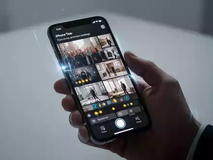 A hand holding an iPhone displaying a photo gallery with star ratings and AI editing features, symbolizing new photo management tools. - Foto: über boerse-global.de