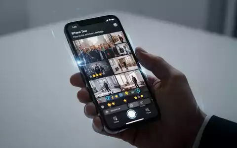 A hand holding an iPhone displaying a photo gallery with star ratings and AI editing features, symbolizing new photo management tools. - Foto: über boerse-global.de