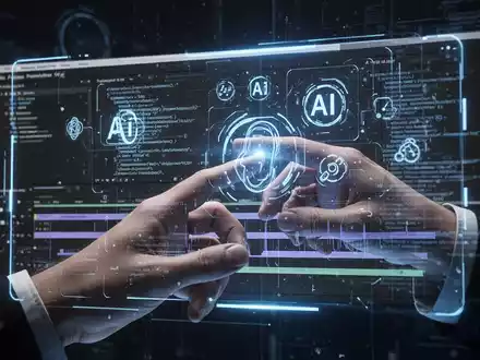 A hand interacting with a holographic interface displaying Adobe Premiere Pro, with AI symbols and code overlaid. - Foto: über boerse-global.de