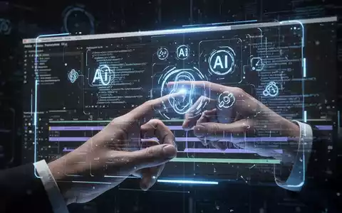A hand interacting with a holographic interface displaying Adobe Premiere Pro, with AI symbols and code overlaid. - Foto: über boerse-global.de