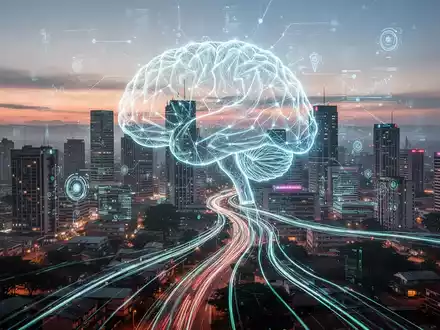 A stylized AI brain projected over a vibrant Nairobi cityscape at dusk, with data streams flowing into the city. - Foto: über boerse-global.de
