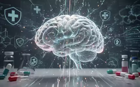 A glowing, stylized brain made of neural networks, with medical and pharmaceutical symbols around it, representing AI in health. - Foto: über boerse-global.de