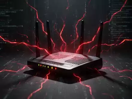 An outdated router with glowing red lines, symbolizing a cyber attack and malware compromising vulnerable hardware. - Foto: über boerse-global.de