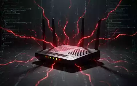 An outdated router with glowing red lines, symbolizing a cyber attack and malware compromising vulnerable hardware. - Foto: über boerse-global.de