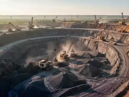 Luftaufnahme einer grossen Tagebaumine mit schweren Maschinen unter sommerlicher Sonne, die Rohstoffe fördern. - Foto: über boerse-global.de