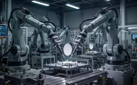 Eine hochmoderne Produktionshalle mit Roboterarmen, die komplexe Verteidigungsantennen montieren. - Foto: über boerse-global.de