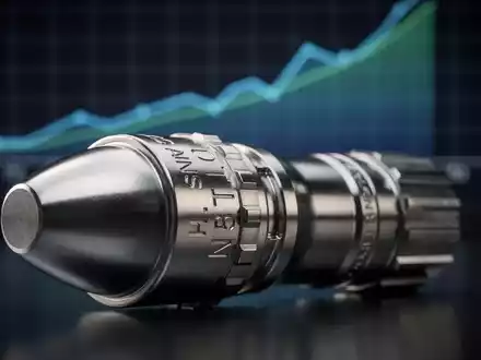 Ein glänzendes militärisches Metallteil spiegelt Licht wider, im Hintergrund eine unscharfe Finanzgrafik mit positivem Trend. - Foto: über boerse-global.de