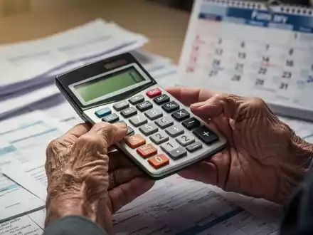 Hände einer älteren Person halten einen Taschenrechner, im Hintergrund unscharfe Finanzdokumente und ein Kalender. - Foto: über boerse-global.de
