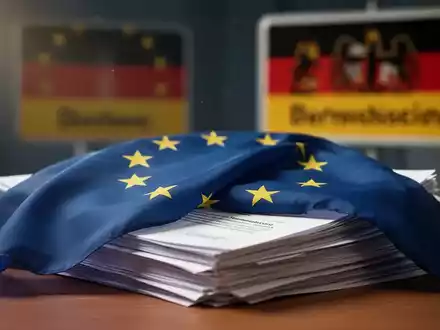 Eine EU-Flagge über einem Stapel Gesetzesdokumente, im Hintergrund unscharf ein deutsches Verkehrsschild. Symbolisiert die Anpassung deutscher Verkehrsbußgelder an EU-Standards. - Foto: über boerse-global.de