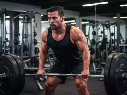Ein durchtrainierter Profisportler konzentriert sich auf schwere Kreuzheben in einem modernen Fitnessstudio, Schweiß glänzt auf seiner Haut. - Foto: über boerse-global.de