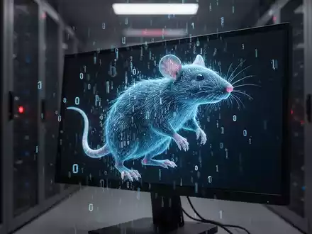 A stylized, glowing blue rat figure made of code emerging from a computer screen, with binary digits falling around it. - Foto: über boerse-global.de