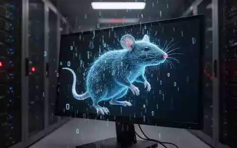 A stylized, glowing blue rat figure made of code emerging from a computer screen, with binary digits falling around it. - Foto: über boerse-global.de