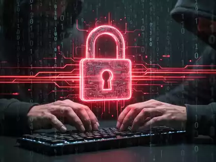 A glowing red digital lock with binary code in the background, symbolizing a cybersecurity threat and data breach. - Foto: über boerse-global.de