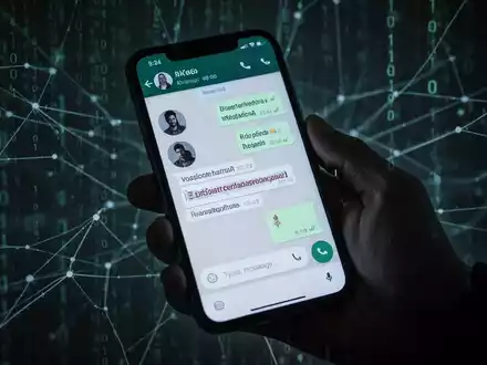 Ein Smartphone zeigt eine WhatsApp-Nachricht mit einem verdächtigen Link in einer dunklen Umgebung, die digitale Bedrohung andeutet. - Foto: über boerse-global.de