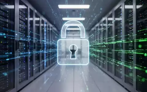 Ein digitales Vorhängeschloss-Symbol über einem unscharfen Serverraum mit leuchtenden Datenströmen, das Cyberbedrohungen und finanzielle Verluste darstellt. - Foto: über boerse-global.de
