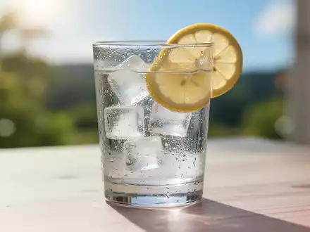 Ein klares Glas Wasser mit Eiswürfeln und Zitrone auf einem Holztisch, im Hintergrund unscharf ein Sommertag. - Foto: über boerse-global.de