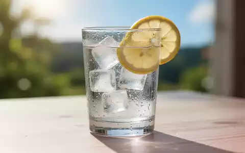 Ein klares Glas Wasser mit Eiswürfeln und Zitrone auf einem Holztisch, im Hintergrund unscharf ein Sommertag. - Foto: über boerse-global.de