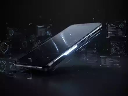 Ein schlankes, futuristisches Smartphone mit leuchtender Kante vor dunklem Hintergrund, umgeben von digitalen Elementen. - Foto: über boerse-global.de