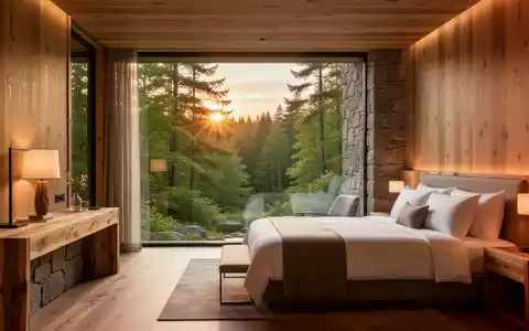 Ein modernes Naturhotelzimmer mit großem Fenster, das auf einen üppigen, grünen Wald bei Sonnenaufgang blickt. Natürliche Materialien und warmes Licht erzeugen eine ruhige Atmosphäre. - Foto: über boerse-global.de
