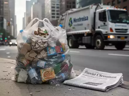 Ein überquellender Müllsack neben einer Finanzzeitung auf einem Bordstein, im Hintergrund ein Müllwagen in einer Stadt. - Foto: über boerse-global.de