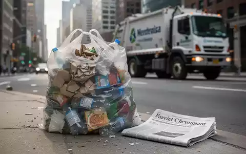 Ein überquellender Müllsack neben einer Finanzzeitung auf einem Bordstein, im Hintergrund ein Müllwagen in einer Stadt. - Foto: über boerse-global.de