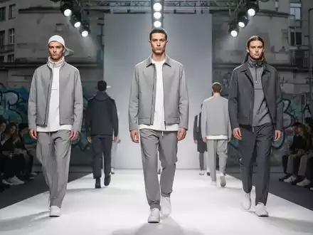 Models präsentieren minimalistische Streetwear auf einem Laufsteg in Berlin, mit urbaner Architektur im Hintergrund. - Foto: über boerse-global.de