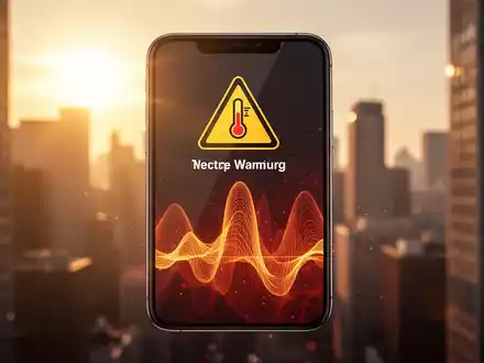 Smartphone screen showing a thermometer icon and heatwave graphic, with blurred hot city buildings in the background. - Foto: über boerse-global.de