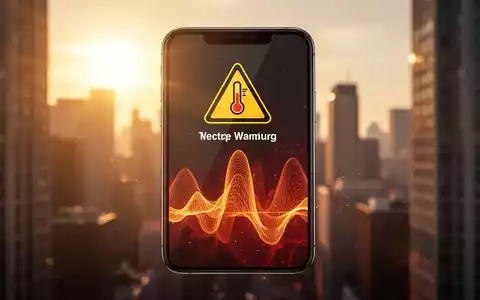 Smartphone screen showing a thermometer icon and heatwave graphic, with blurred hot city buildings in the background. - Foto: über boerse-global.de