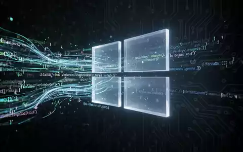 An abstract image showing digital data streams and code lines flowing into a glowing, translucent Windows logo, set against a dark, tech-oriented background. - Foto: über boerse-global.de