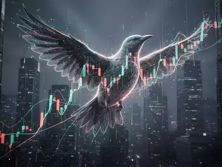 Ein stilisiertes, abstraktes Vogel-Symbol, das aus Finanzdiagrammen und digitalen Linien besteht und aufsteigt, vor einem dunklen Stadtbild. - Foto: über boerse-global.de
