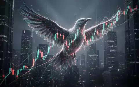 Ein stilisiertes, abstraktes Vogel-Symbol, das aus Finanzdiagrammen und digitalen Linien besteht und aufsteigt, vor einem dunklen Stadtbild. - Foto: über boerse-global.de