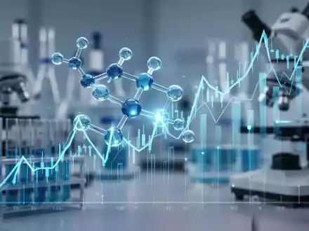 Eine stilisierte, leuchtend blaue Pharma-Molekülstruktur, die mit einem steigenden Börsenkursgraph verschlungen ist. - Foto: über boerse-global.de