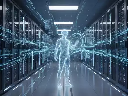 A sleek server room with blue data streams and a digital human silhouette, symbolizing AI enterprise and consumer technology. - Foto: über boerse-global.de